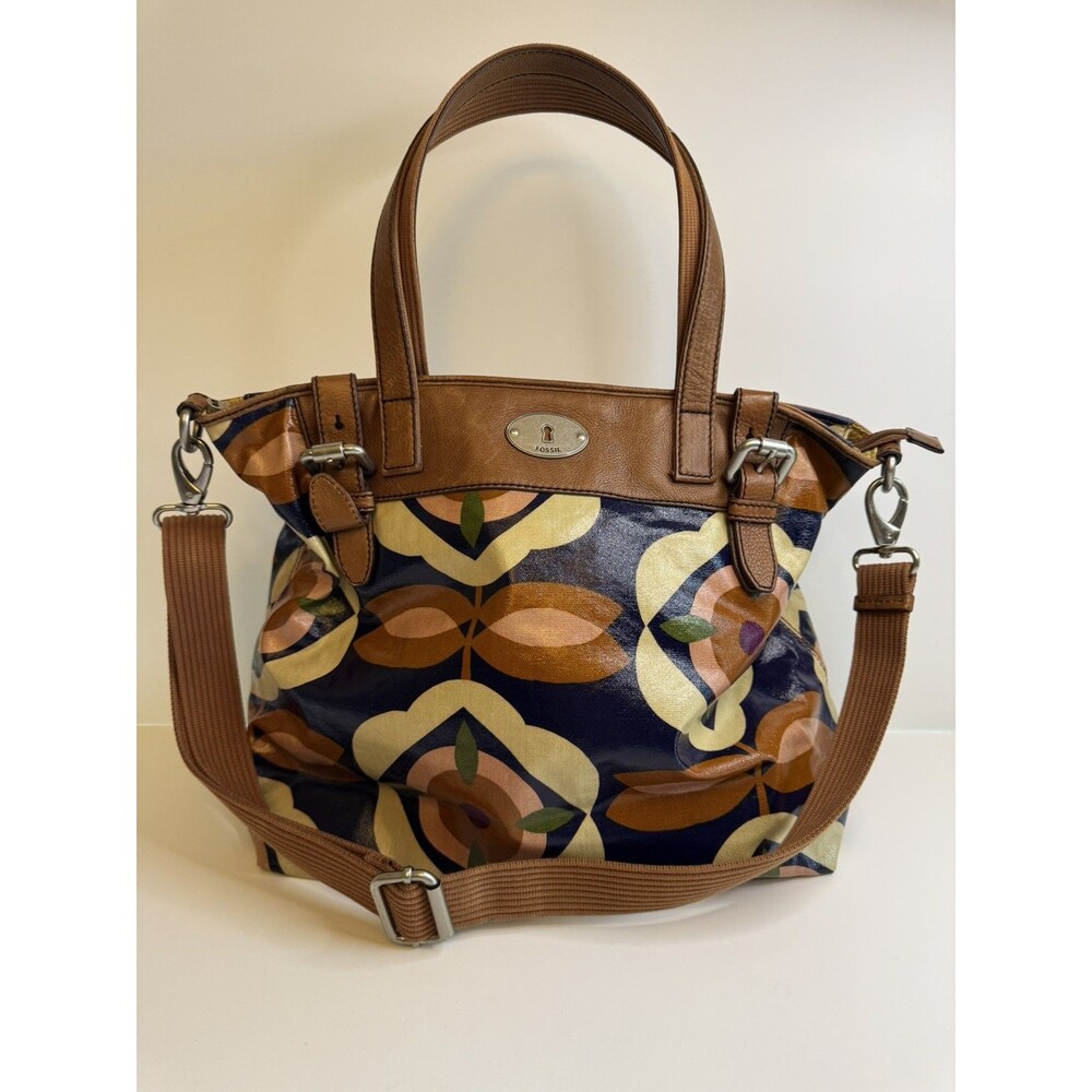 Fossil Key Per Coated Canvas Leather Trim Shoulder Bag Floral Purse- size large